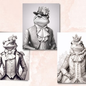 May include: Three black and white illustrations of frogs dressed in formal attire. The frogs are wearing hats, bow ties, and elaborate clothing. The illustrations are in a vintage style.