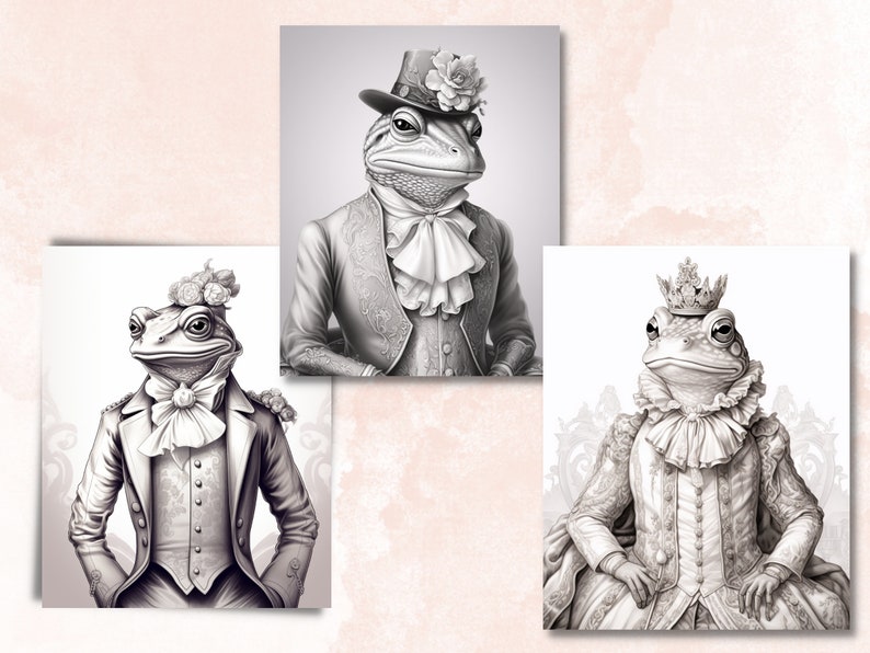 May include: Three black and white illustrations of frogs dressed in formal attire. The frogs are wearing hats, bow ties, and elaborate clothing. The illustrations are in a vintage style.