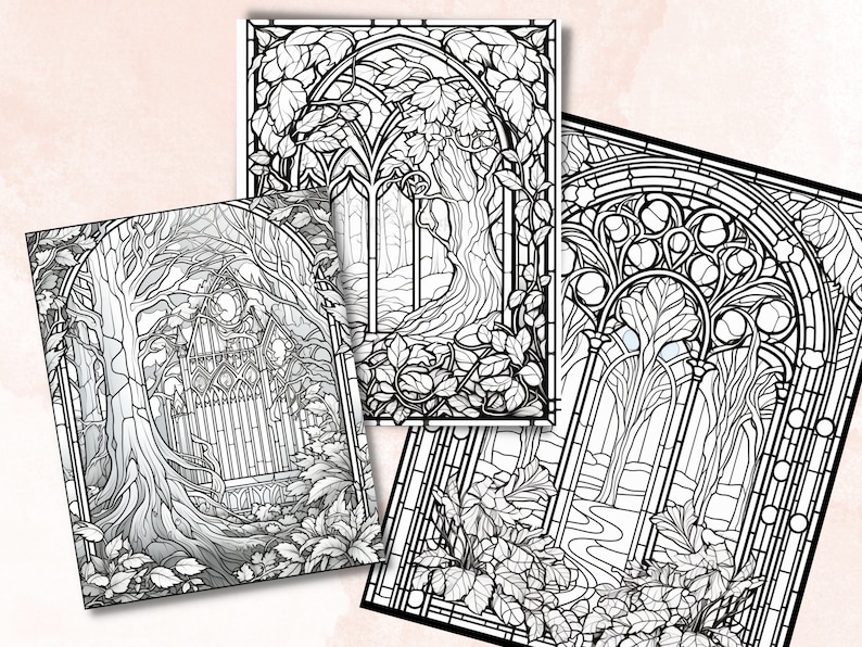55 Stained Glass Forest Coloring Book, Printable Enchanted Forest Scenes Coloring Pages, Grayscale Magical Woodland Coloring Book for Adults