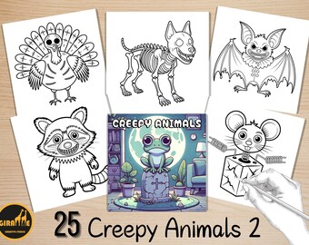 May include: A set of black and white illustrations of spooky creatures, including a turkey, dog skeleton, bat, raccoon, frog, and mouse. The central image is a book cover with the title "Creepy Animals 2". The text "25 Creepy Animals 2" is at the bottom.