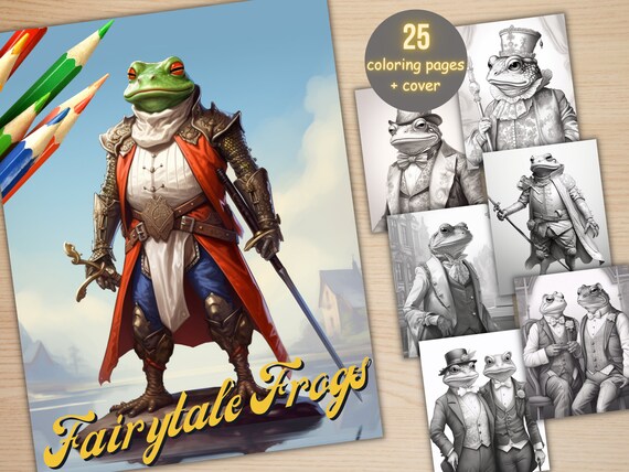 25 Fairytale Frogs Coloring Book, Printable Cute Frog Coloring Pages, Grayscale Coloring Book for Adult Kids, Fantasy Animals Coloring PDF