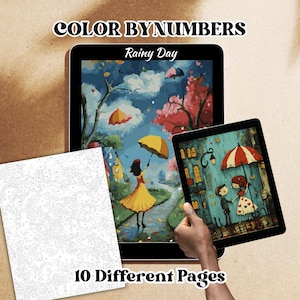 May include: Color by Numbers kit with the text "Color by Numbers" and "Rainy Day". The kit includes a blank numbered page and two tablets displaying colourful rainy day scenes with umbrellas. The kit has 10 different pages.