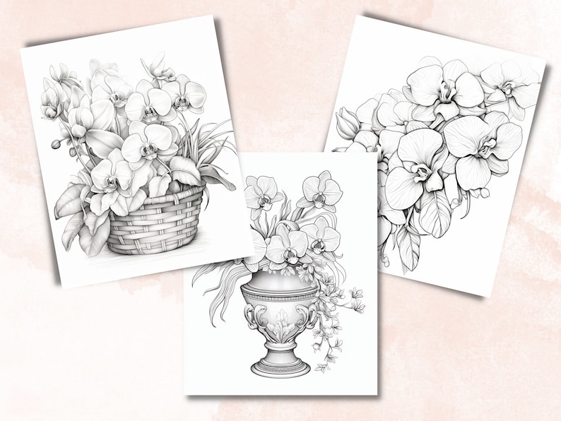 45 Orchid Flowers Coloring Book, Printable PDF, Botanical Floral Plant Coloring Pages, Fantasy Grayscale Spring Coloring Book for Adult Kids