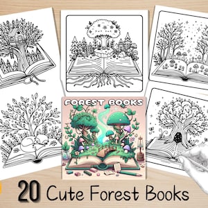 Bold and Easy Coloring Book, Cute Kawaii Forest Books Coloring Pages, Fantasy Open Book Scenes Coloring, Relaxing Activity for Adults