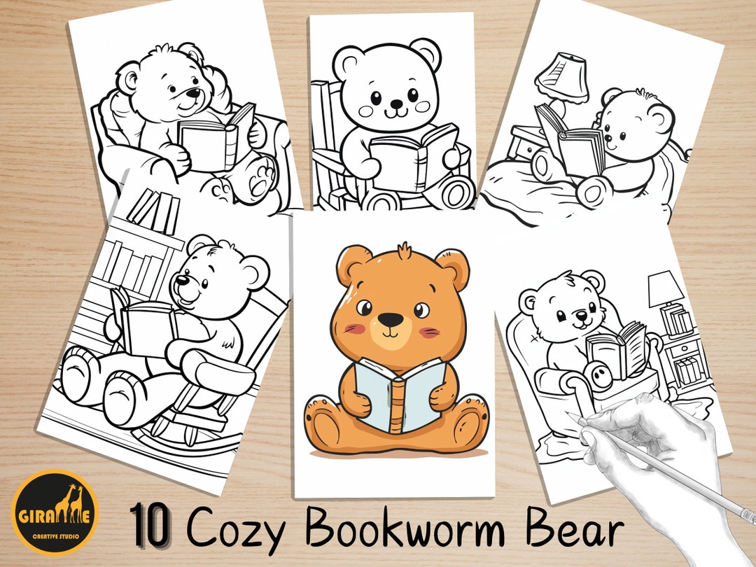 Cute and Cozy Easy Coloring Book, Kawaii Bookworm Bear Scenes Coloring ...