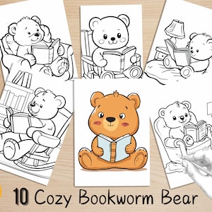 Cute And Cozy Easy Coloring Book, Kawaii Bookworm Bear Scenes Coloring Pages, Cozy Animals Coloring, Relaxing Activities for Adults and Kids