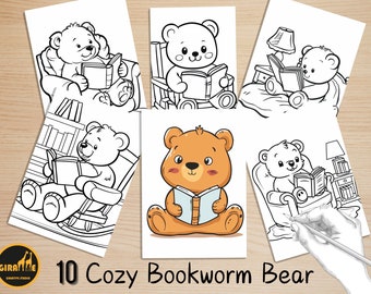 Cute And Cozy Easy Coloring Book, Kawaii Bookworm Bear Scenes Coloring Pages, Cozy Animals Coloring, Relaxing Activities for Adults and Kids
