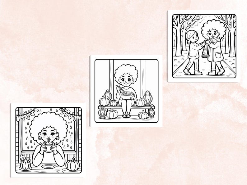 Fall Black Girl Coloring Pages, Cozy Autumn Black Afro Girls Coloring, Bold and Easy Coloring Book, Relaxing Activity for Adults and Kids