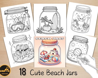Bold and Easy Coloring Book, Cute Beach Jar Coloring Pages, Summer Holiday Scenes Coloring, Relaxing Activity for Adults and Kids