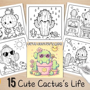 Puede incluir: Un conjunto de 15 páginas para colorear con personajes de cactus lindos en varios escenarios, incluyendo un cactus con gafas de sol y bebiendo una bebida, un cactus con una bufanda y sosteniendo una taza, y un cactus horneando en una cocina. El título "Cute Cactus's Life" se muestra en la parte superior de la página.