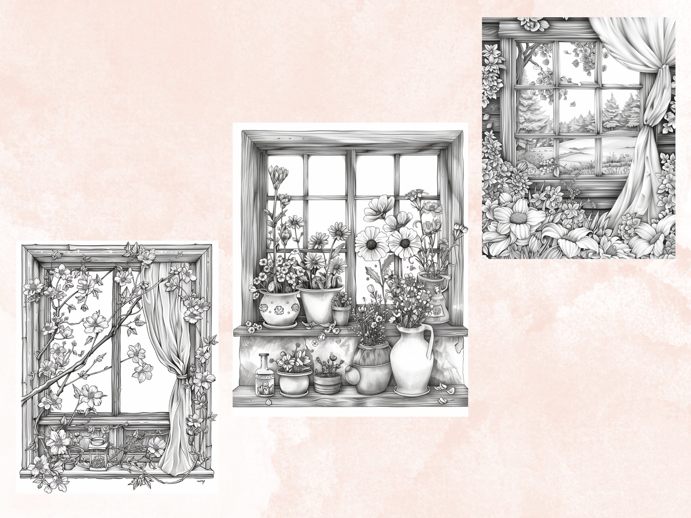 50 Spring Windows Coloring Book, Printable Floral Window Coloring Pages ...