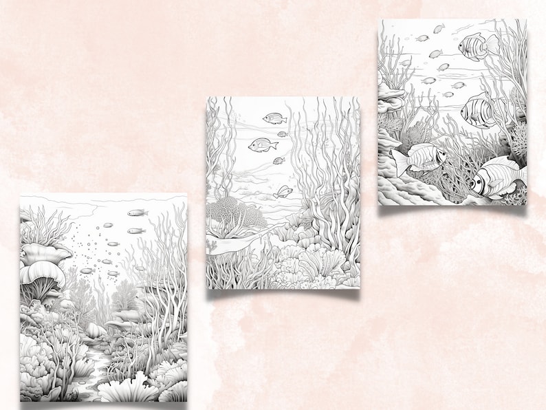 50 Enchanted Underwater Coloring Book, Printable Under the Sea Coloring Pages, Grayscale Ocean Life Scenes Coloring Book for Adults and Kids