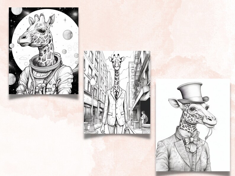 50 Fantasy Giraffe Coloring Book, Printable Secret Life of Giraffe Coloring Pages, Grayscale Cute Animal Coloring Book for Adults and Kids