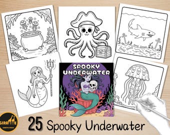 Spooky Underwater Coloring Pages, Bold and Easy Ocean Coloring Book, Creepy Under the Sea Halloween Coloring, Relaxing Activity for Adults
