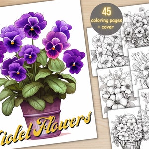 45 Violet Flowers Coloring Book, Printable PDF, Botanical Floral Plant Coloring Pages, Fantasy Grayscale Coloring Book for Adults and Kids