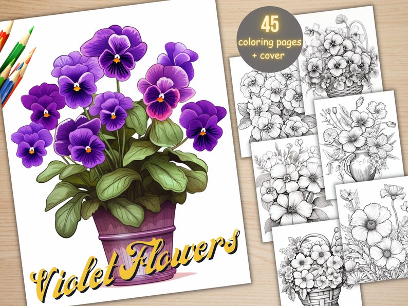 45 Violet Flowers Coloring Book, Printable PDF, Botanical Floral Plant Coloring Pages, Fantasy Grayscale Coloring Book for Adults and Kids