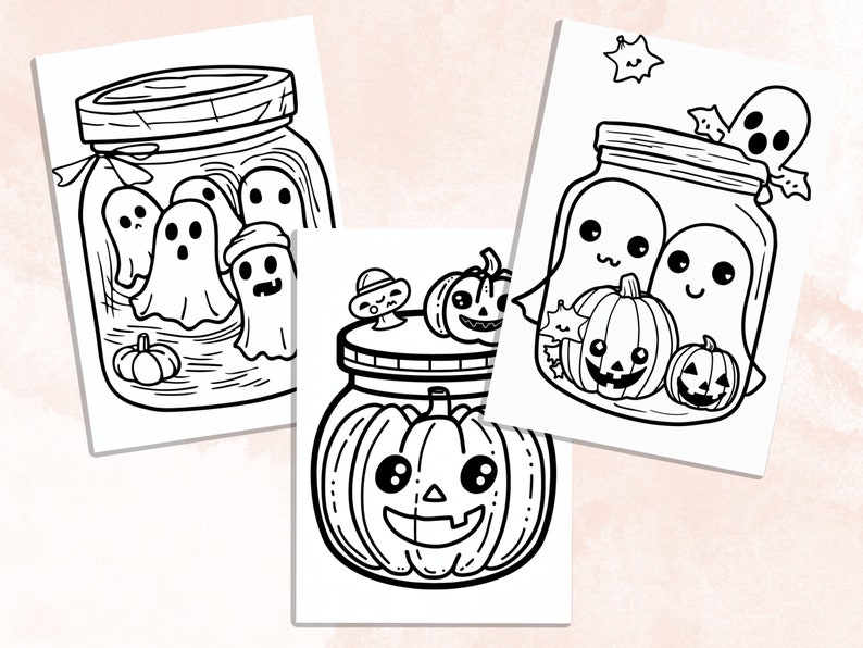 Bold and Easy Coloring Book, Cute Kawaii Halloween Jar Coloring Pages, Cute Creepy Halloween Coloring, Relaxing Activity for Adults and Kids