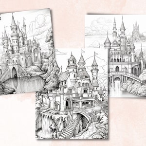 Puede incluir: Tres dibujos en blanco y negro de castillos de fantas&iacute;a con detalles intrincados. Cada castillo est&aacute; situado en un paisaje monta&ntilde;oso con una cascada y un puente.
