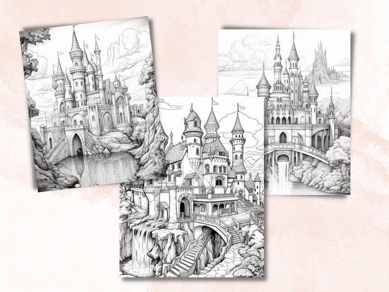 Puede incluir: Tres dibujos en blanco y negro de castillos de fantas&iacute;a con detalles intrincados. Cada castillo est&aacute; situado en un paisaje monta&ntilde;oso con una cascada y un puente.