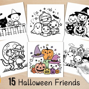 Bold and Easy Coloring Book, Kawaii Halloween Friends Coloring Pages, Cute Creepy Halloween Coloring, Relaxing Activity for Adults and Kids