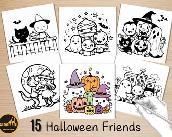 Bold and Easy Coloring Book, Kawaii Halloween Friends Coloring Pages, Cute Creepy Halloween Coloring, Relaxing Activity for Adults and Kids