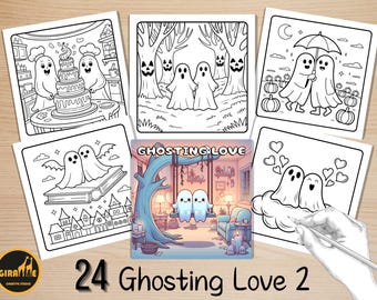 May include: A collection of six square illustrations featuring ghost characters in various scenes. The images are black and white line drawings, with themes of love and Halloween. The text "Ghosting Love 2" is at the bottom.