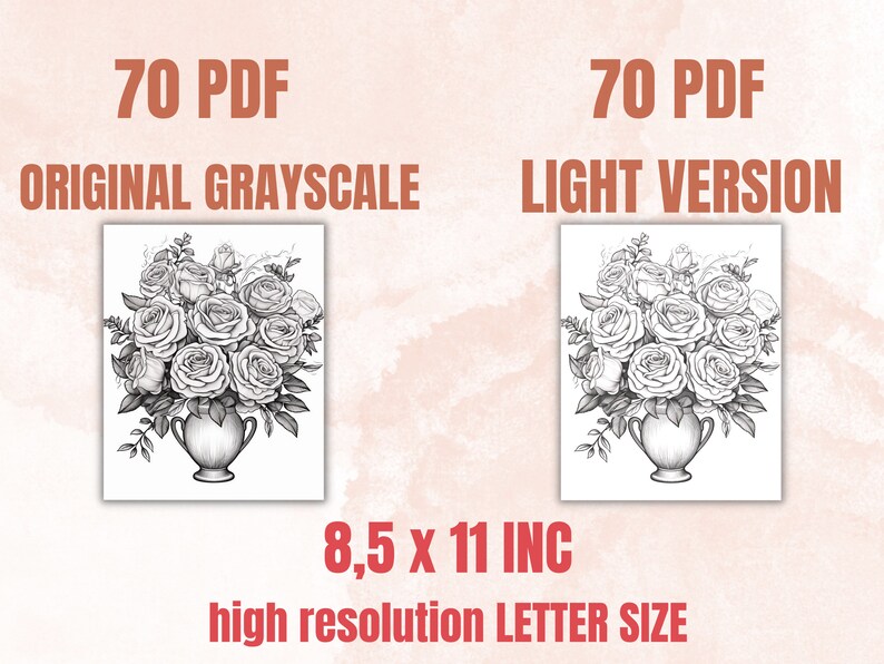 70 Rose Coloring Book, Printable PDF, Botanical Floral Plant Coloring Pages, Fantasy Grayscale Red Roses Coloring Book for Adults and Kids