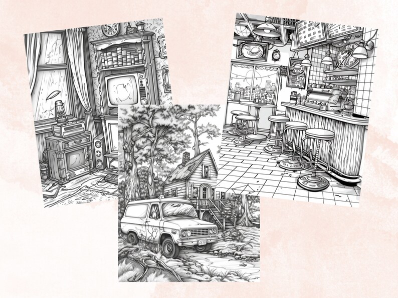 45 Nostalgia 90's Aesthetic Coloring Book, Printable PDF, Nostalgia Coloring Pages, Grayscale Vintage Scenes Coloring Book for Adults Kids