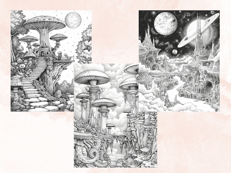 50 Enchanted Galaxy Coloring Book, Printable Fantasy Cosmic Coloring Pages, Celestial Space Grayscale Coloring Book for Adults and Kids