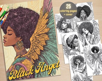 25 Afro Black Angel Women Coloring Book, Afro African Angels Coloring Pages, Grayscale Coloring Book for Adults, Printable Melanin Girls PDF