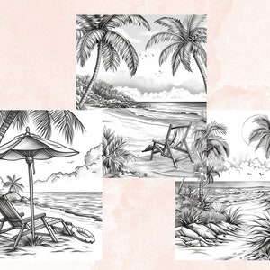 55 Summer Beach Coloring Book, Printable Summer Sea View Coloring Pages, Grayscale Tropical Vacation Landscape Coloring Book for Adults Kids
