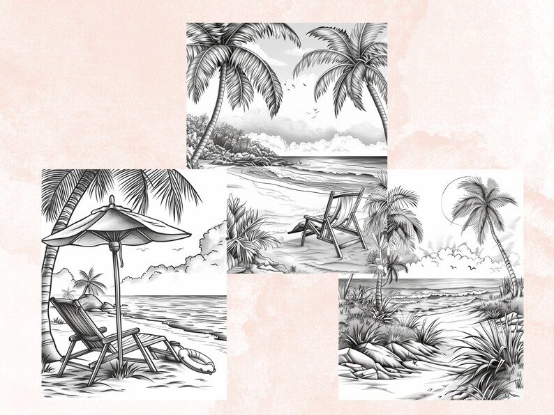 55 Summer Beach Coloring Book, Printable Summer Sea View Coloring Pages, Grayscale Tropical Vacation Landscape Coloring Book for Adults Kids