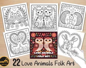 22 Love Animals Folk Art Coloring Pages, Scandinavian Nordic Couple Coloring Book, Valentine Love Pattern Color Art, Digital Download PDF
