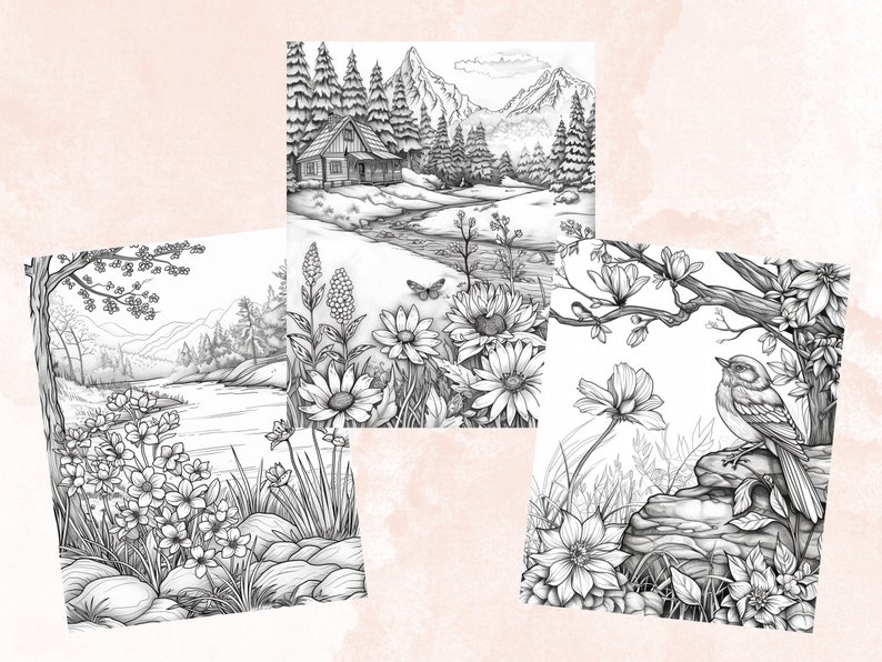 50 Spring Garden Coloring Book, Printable Floral Fairy Garden Coloring Pages, Grayscale Spring Flowers Forest Coloring Book for Adults Kids