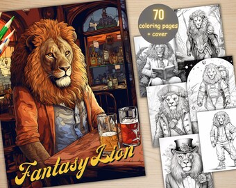 70 Fantasy Lion Coloring Book, Printable Secret Life of Lion Coloring Pages, Grayscale Cute Wild Animal Coloring Book for Adult and Kids