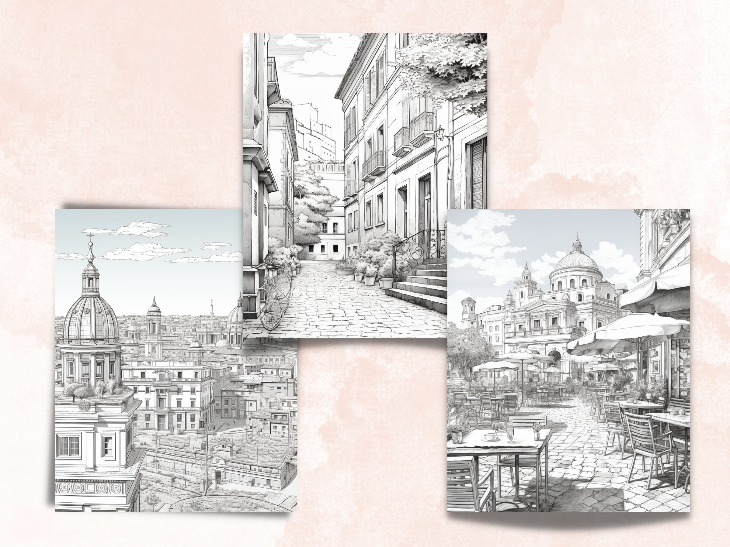 60 Rome City Coloring Book, Printable PDF, Italy Cafe Scenes Coloring ...