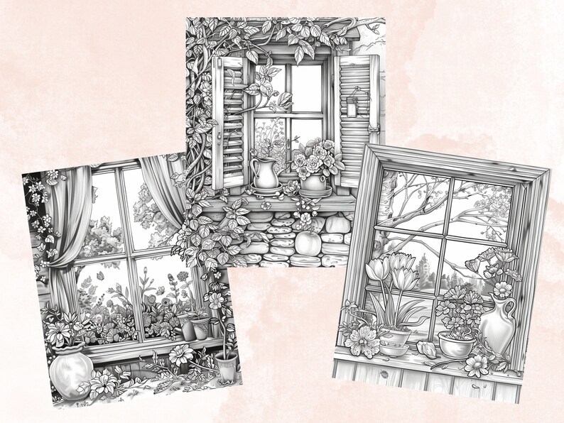 50 Spring Windows Coloring Book, Printable Floral Window Coloring Pages ...
