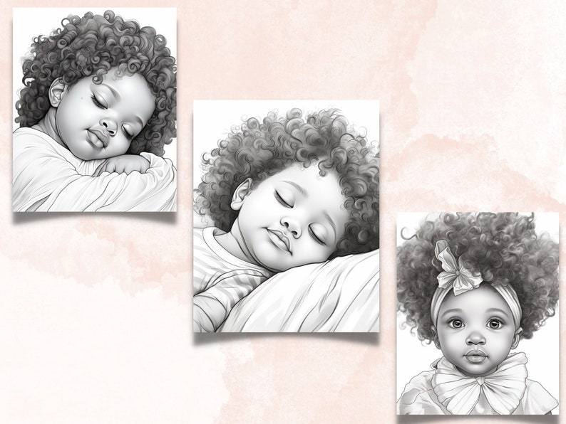 55 Cute Black Babies Coloring Book, Printable Sleeping Afro Baby Coloring Pages, Grayscale Black Melanin Coloring Book for Adults and Kids