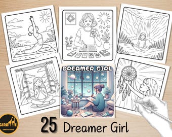 Dreamer Girl Coloring Pages, Bold and Easy Coloring Book, Hippie Girl Coloring, Relaxing Cozy Activity for Adults and Kids, Stress Relief