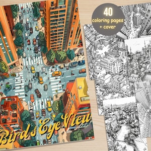 40 Bird&#39;s Eye Views Coloring Book, Printable PDF, Fantasy City Scenery Landscape Coloring Pages, Detalied Grayscale Coloring Book for Adults