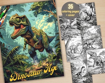 35 Dinosaur Age Coloring Book, Printable Dino T-Rex Scenes Coloring Pages, Grayscale Cute Animal Landscape Coloring Book for Adults and Kids