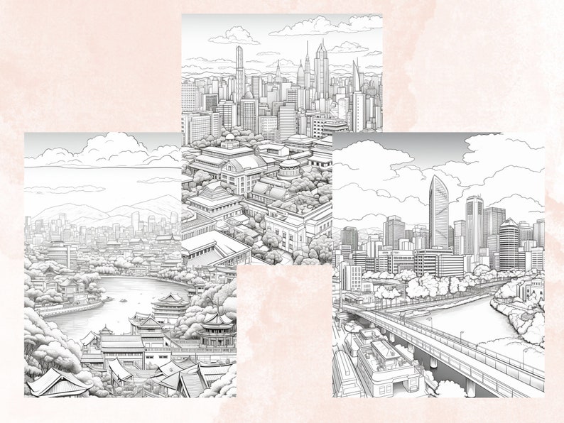 40 Seoul City Coloring Book, Printable PDF, Korean Cafe Scenes Coloring Pages, Street Landscape Grayscale Coloring Book for Adults and Kids
