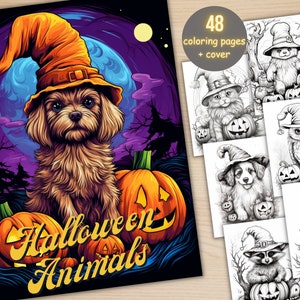 48 Halloween Animals Coloring Book, Printable Gothic Pumpkin Cutties Coloring Pages, Grayscale Halloween Coloring Book for Adults and Kids