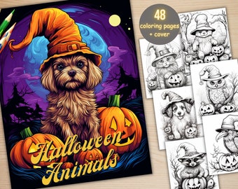48 Halloween Animals Coloring Book, Printable Gothic Pumpkin Cutties Coloring Pages, Grayscale Halloween Coloring Book for Adults and Kids