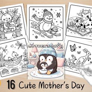 Bold and Easy Coloring Book, Cute Mother&#39;s Day Coloring Pages, Kawaii Animals Coloring, Relaxing Activity for Adults and Kids, Stress Relief