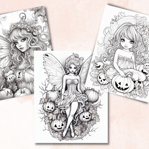 May include: Three black and white illustrations of fairies with wings and long hair. Each fairy is surrounded by pumpkins and leaves. The fairies are dressed in long dresses and have a whimsical, magical look.