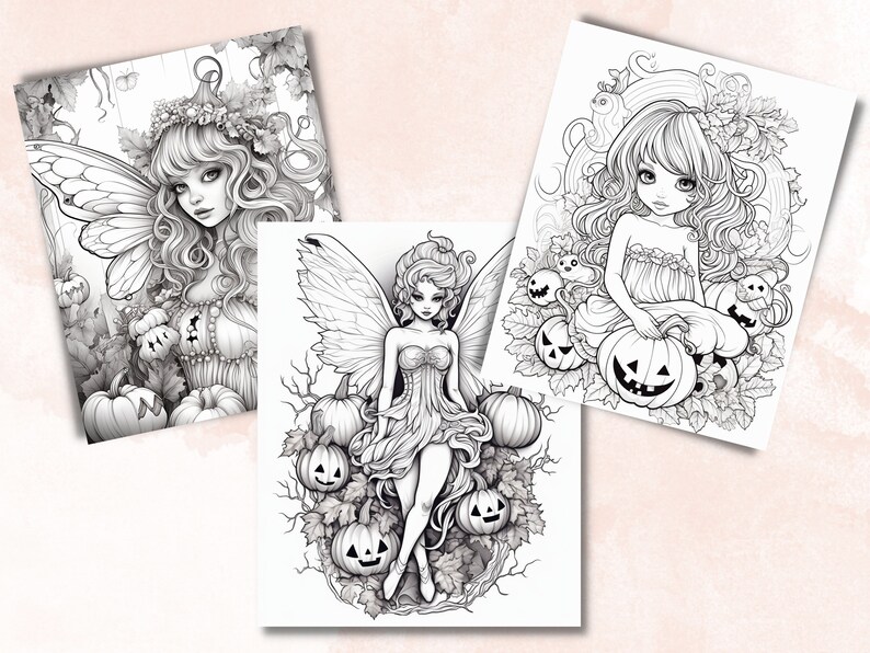 May include: Three black and white illustrations of fairies with wings and long hair. Each fairy is surrounded by pumpkins and leaves. The fairies are dressed in long dresses and have a whimsical, magical look.