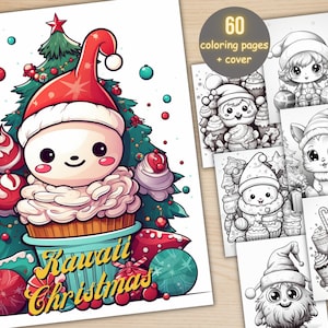 60 Kawaii Christmas Bundle Coloring Book, Printable Cartoon Xmas Santa Coloring Pages, Grayscale Christmas Coloring Book for Adults and Kids