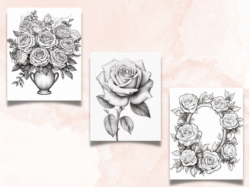 70 Rose Coloring Book, Printable PDF, Botanical Floral Plant Coloring Pages, Fantasy Grayscale Red Roses Coloring Book for Adults and Kids