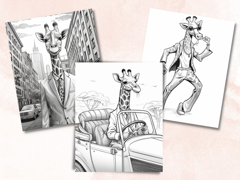 50 Fantasy Giraffe Coloring Book, Printable Secret Life of Giraffe Coloring Pages, Grayscale Cute Animal Coloring Book for Adults and Kids
